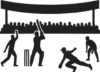 A black-and-white silhouette illustration depicting a cricket match in action. The foreground features four cricketers: a bowler delivering the ball, a batsman preparing to hit, and two fielders in dy