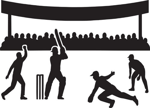 A black-and-white silhouette illustration depicting a cricket match in action. The foreground features four cricketers: a bowler delivering the ball, a batsman preparing to hit, and two fielders in dy