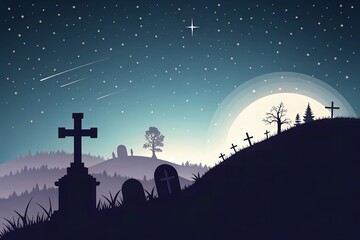 Minimal Graveyard Silhouette with Glowing Cross and Starry Night