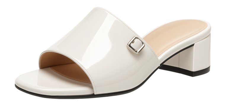 White patent leather mules with wide strap and low heel for minimalist outfits