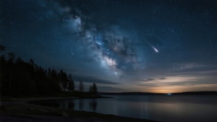 Obraz premium Under the night sky, the aurora, starry river and meteor complement each other, reflected on the quiet lake, creating a dreamy and magnificent scene.