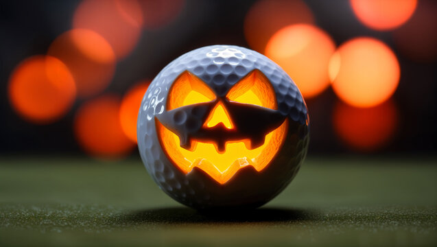 Glowing jack o lantern golf ball on Halloween night at golf course with festive lights in background - Powered by Adobe