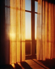 Warm Sunrise Through Elegant Curtains in Cozy Interior – Natural Light Home Aesthetic with Soft Shadows and Inviting Atmosphere
