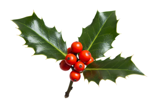 Christmas Holly Sprig with Red Berries and Green Leaves - Festive Winter Botanical Illustration isolated on transparent background