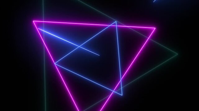 Abstract geometric background with glowing neon triangles intersecting in a futuristic digital light show, vibrant pink and blue lines on a dark canvas