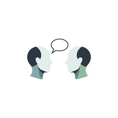 Two stylized heads in profile facing each other, engaged in conversation, represented by a speech bubble.