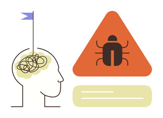 Head outline with tangled brain representing confusion paired with bug in warning triangle. Ideal for mental health, stress, anxiety, psychology, awareness, problem-solving, therapy. Simple flat