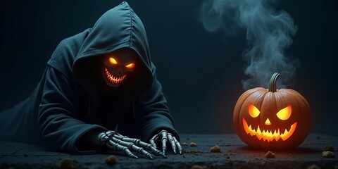 Grim Reaper Skull in Dark Hooded Cloak