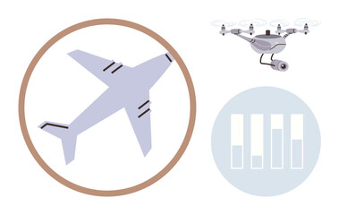 Airplane in circular frame, Quadcopter with camera, and vertical data bars embody modern aviation, surveillance, logistics, data analytics, and transportation. Ideal for innovation, tech and analytics