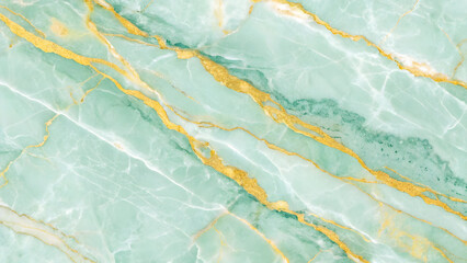 Fototapeta premium Closeup View of Mint Green Marble Texture with Long Yellow Gold Veins Detailed Swirls and Patterns Natural Stone Background