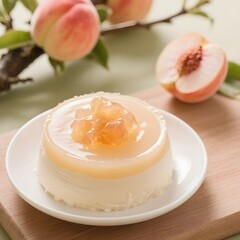 4k high quality Ai generative HD art work photo realistic store business menu sell selling cafe pink ice yogurt peach dessert fruit jelly sugar cube bubble milk tea crystal glass panna cotta