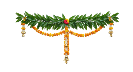 Floral Festoon: A vibrant floral arrangement, elegantly suspended, showcasing lush greenery and marigold blooms, embodying festive cheer and cultural elegance.