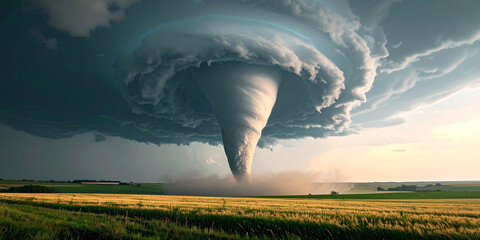 A massive, powerful tornado descends over a vast, open field under a dramatic sky.