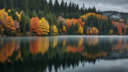 Fototapeta premium A tranquil forestal autumn scene of vibrant orange and yellow trees mirrored in a lake. Serene picturesque landscape with calm water reflecting the colorful fall season foliage.