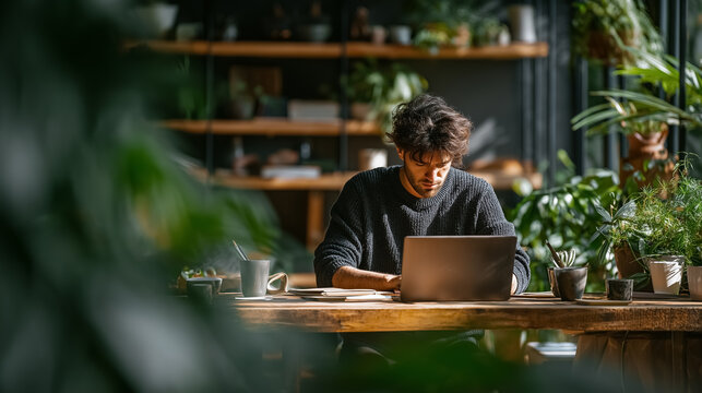 Man focused on tasks while sitting at wooden table in urban office filled with plants. Sunlight filters through windows creating serene atmosphere. Concept of remote work, productivity, wellness - Powered by Adobe