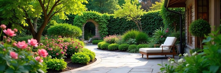 Obraz premium Serene patio garden oasis, lush greenery, blooming flowers, stone pathway, comfortable seating area, perfect for relaxation and outdoor enjoyment , enjoyment, vibrant, greenery