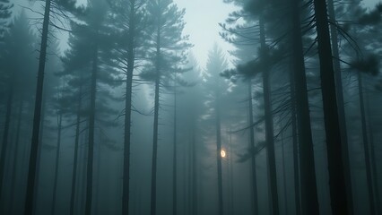 Obraz premium A misty forest at dusk, tall pines shrouded in fog, evoking a sense of mystery and quiet solitude.
