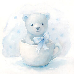 white teddy bear with blue ribbon