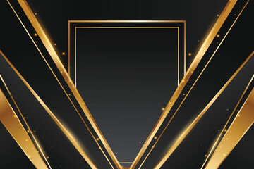 Abstract Luxury Black and Gold Background with Geometric V Shape Golden Lines and Central Frame Design