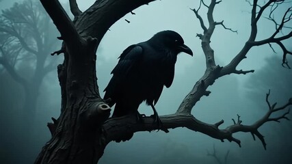 Mysterious black crow perched on a gnarled tree branch in a foggy, eerie forest. - Powered by Adobe