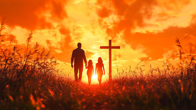 Family silhouette walking towards cross at sunset symbolizing faith and unity. Concept Family Portraits, Silhouette Photography, Sunset backdrop, Symbolic Imagery, Unity and Faith