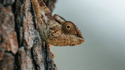 Chameleon Camouflaged on a Tree Trunk Natural Light