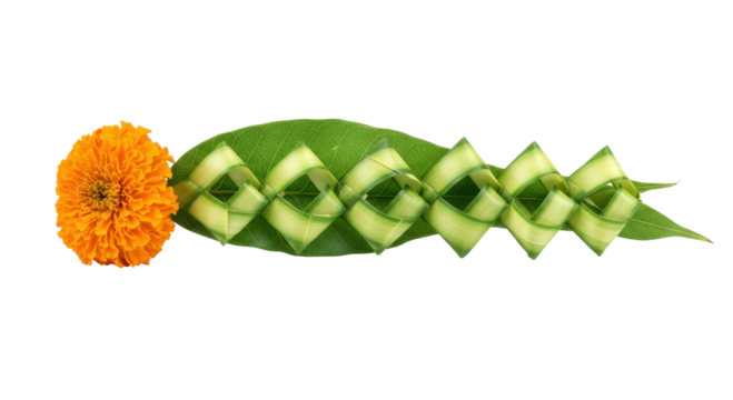 Cucumber Art and Floral Accent: An elegant arrangement of creatively carved cucumber segments linked with a vibrant orange flower and green leaf