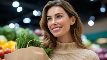 Woman smiles while holding a bag of fresh greens. Surrounded by colorful fruits and vegetables, she stands in a well-lit grocery store. Concept of healthy eating, nutrition, organic food