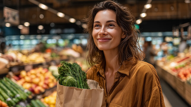 Woman looking at camera with a smile while holding a paper bag filled with fresh vegetables. Brightly lit organic grocery store setting with colorful displays - Powered by Adobe