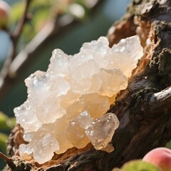 Obraz premium 4k high quality Ai generative HD art work photo realistic store business menu sell selling cafe pink ice milk tea crystal glass cube resin natural tree branch close up texture