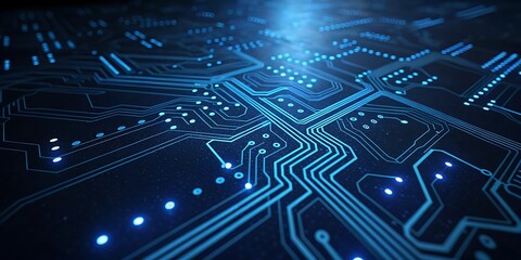 Abstract digital circuitry with glowing blue lines and lights representing data flow and technology