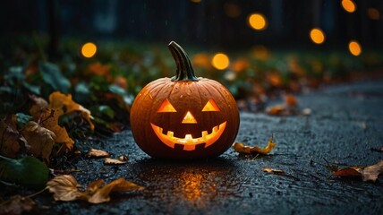 Glowing Jack-o'-Lantern Pumpkin on Rainy Halloween Night,