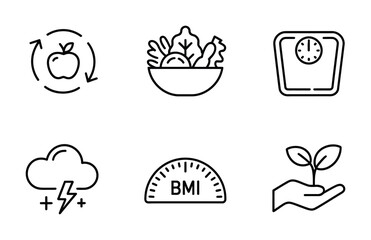 Healthy lifestyle diet weight loss nutrition fitness wellness salad apple bmi scale growth energy icon set