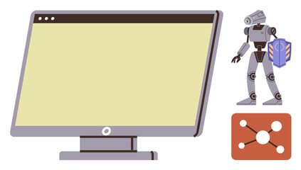 Desktop monitor, robot holding shield, and node diagram illustrate technology, AI, machine learning, data, cybersecurity, innovation, and future research as a simple flat metaphor