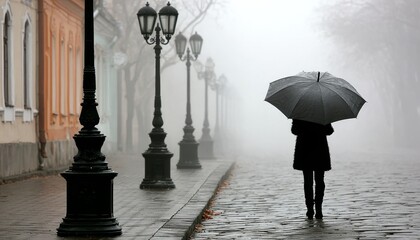 A Solitary Figure Walking on Rainy Cobblestone Streets, Embraced by Fog and Vintage Street Lights