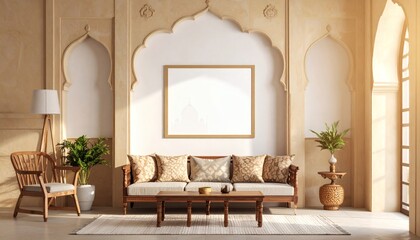 Indian Living Room Mock Up Frame with Sofa, Geometric Patterns, Sandstone Walls, and Golden Sunbeams. Elegant Heritage Interior. Copy space. Generative AI