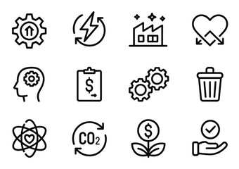 Business strategy factory heart renewable energy c o two gears money growth trash can idea head success plan