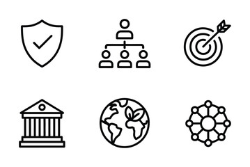 Icons set security organization target bank global network vector illustration design line art