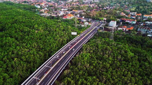 Aerial view highlights a modern bridge cutting through dense mangrove forest with traffic flowing across the street showing the balance between transportation design and natural tropical greenery