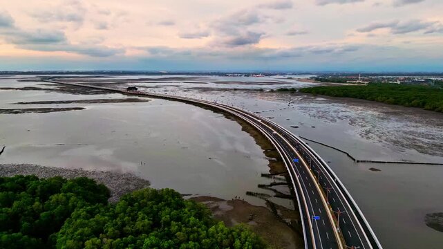 Drone view highlights the Bali Mandara Toll road bridge running over exposed mud at low tide with tropical surroundings in Indonesia showcasing the contrast between modern design and nature