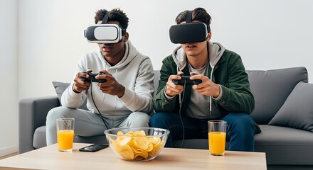 Two friends enjoying a virtual reality gaming session at home, a modern family bonding experience with advanced technology