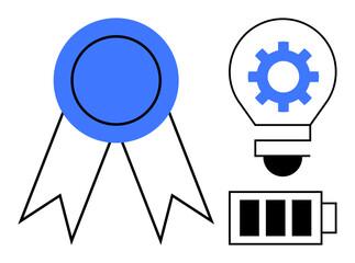 Blue ribbon beside cog-filled lightbulb and charged battery conveying success, innovation, and energy. Ideal for achievement, productivity, motivation, progress, learning, creativity and technology