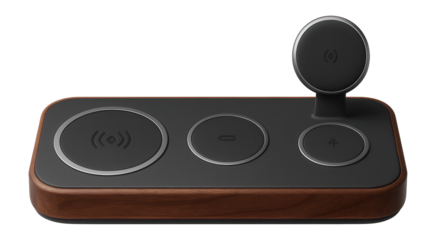 Multi-device wireless charging station with three charging zones and a wooden base