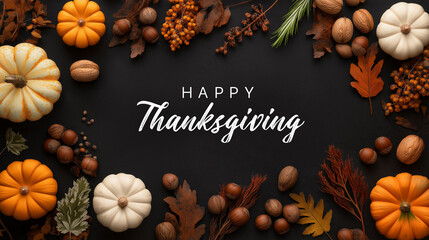 Happy Thanksgiving, Warm Autumn Palette: A vibrant, artistic image of autumnal elements, offering a visual feast of pumpkins, leaves, and nuts for celebrating the Thanksgiving harvest.