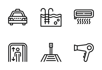 Hotel amenities icons set taxi swimming pool air conditioner elevator train hair dryer vector art