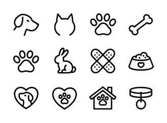 Pet care icons vector dog cat paw bone rabbit food bowl collar house heart pet health symbol set © Richol