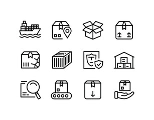 Delivery shipping logistics supply chain management package distribution cargo export import icons set vector