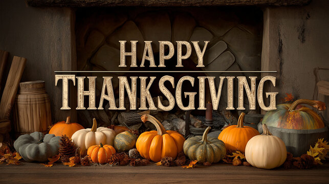 Happy Thanksgiving: A festive arrangement of pumpkins and gourds, celebrating the spirit of the holiday with a warm, inviting display. The scene evokes feelings of gratitude and abundance. - Powered by Adobe