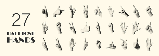 Collection of 27 Halftone Hand Gestures in Vintage Pop Art Style