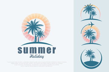 Summer holidays logo. Summer beach, vacation, travel, tropical paradise emblems. Vector illustration